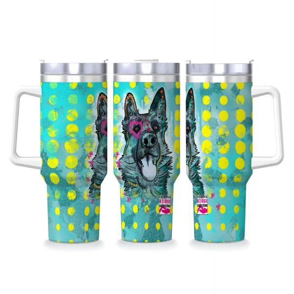 Tumbler mit Hundemotiv Eddy - Edelstahl, Becher, 1L, mit Strohhalm, bunt, Motive in Digitaler Popart, Mischling, Mix, Deutscher Schäferhund
